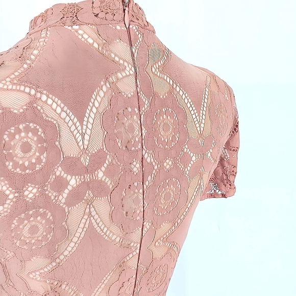 Altar’d State Blush Pink Lace Mini Dress Short Sleeve High Neck XS - Picture 5 of 9